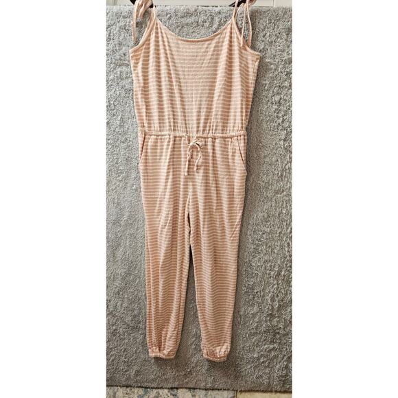 Ann Taylor LOFT Sleep Knit Pocket Pajamas Romper Jumpsuit Pink Striped Medium - Picture 1 of 4